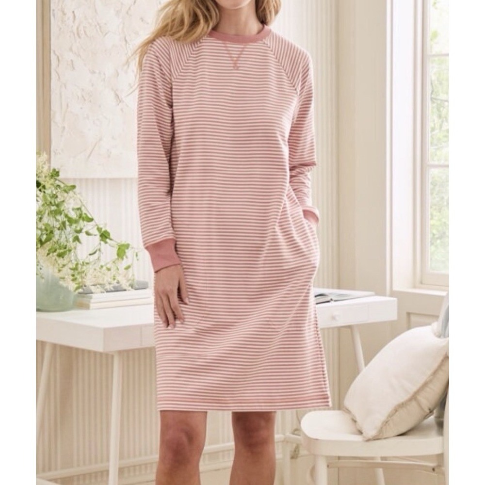 Garnet Hill NightgownL Daydream French Terry Pink Striped Sweatshirt Sleep Shirt